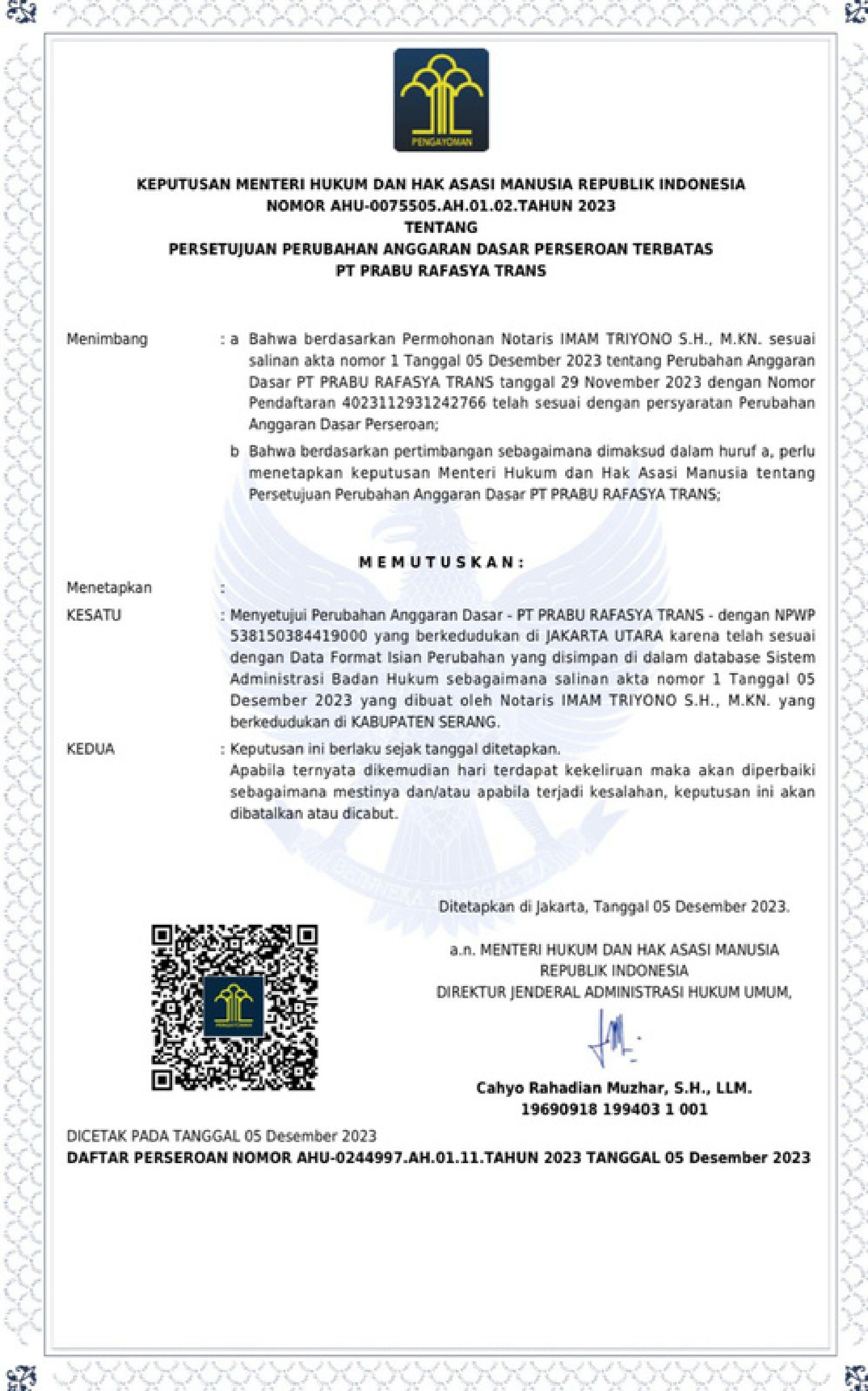 TDP - Tanda Daftar Perusahaan PT. Prabu Rafasya Trans