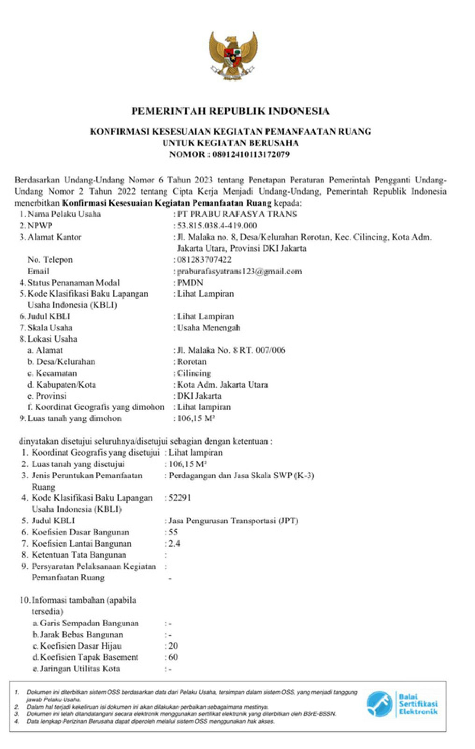 NIB - Nomor Induk Berusaha PT. Prabu Rafasya Trans