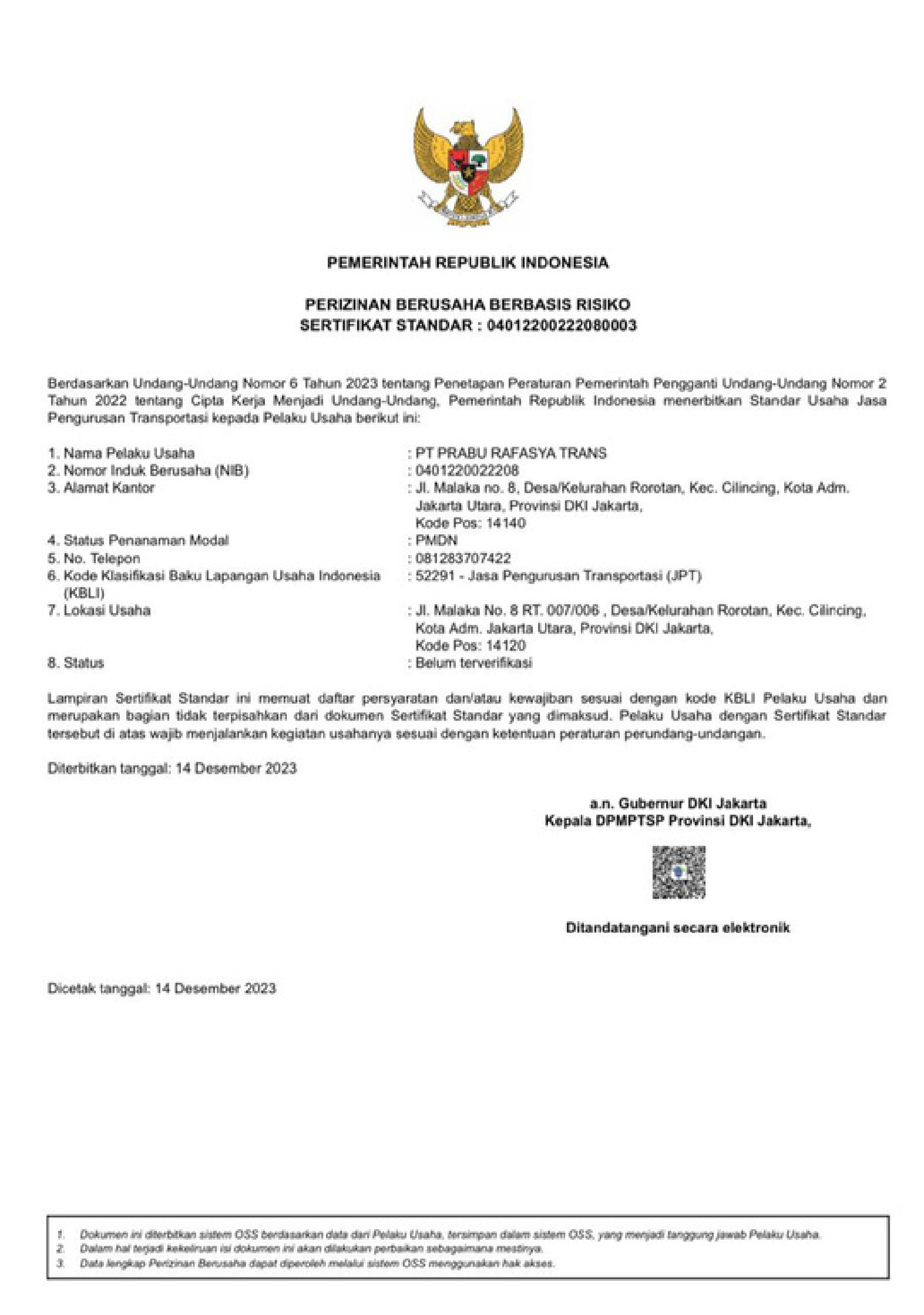 SKDP - Surat Keterangan Domisili Perusahaan PT. Prabu Rafasya Trans